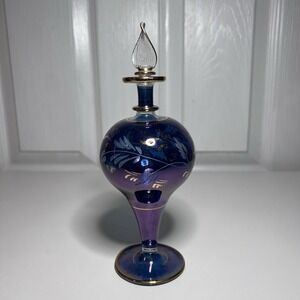 Hand-Blown Egyptian Glass Perfume Bottle w/ a Stopper Gold Trim Leaf Design